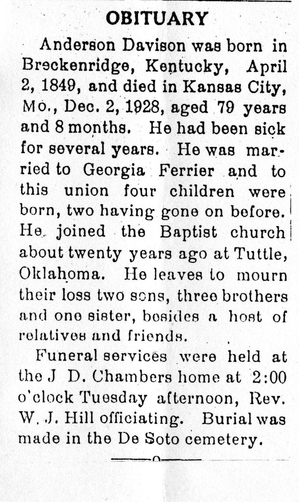 Obituary — Anderson Davison (Anderson Jackson Davison), Kansas City Mo, 1928