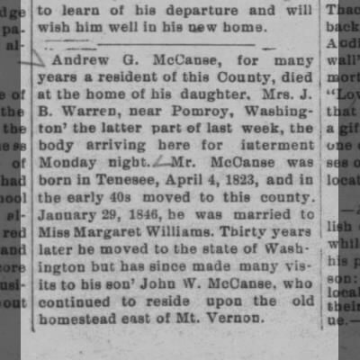 Obituary — Andrew G. McCanse (Andrew Galbraith McCanse), Garfield County Wa, 1909