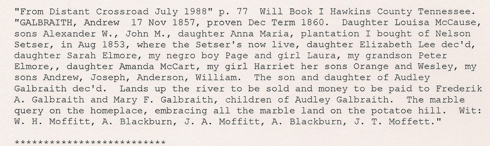 Will — Andrew Galbraith, Hawkins County Tn, 1857