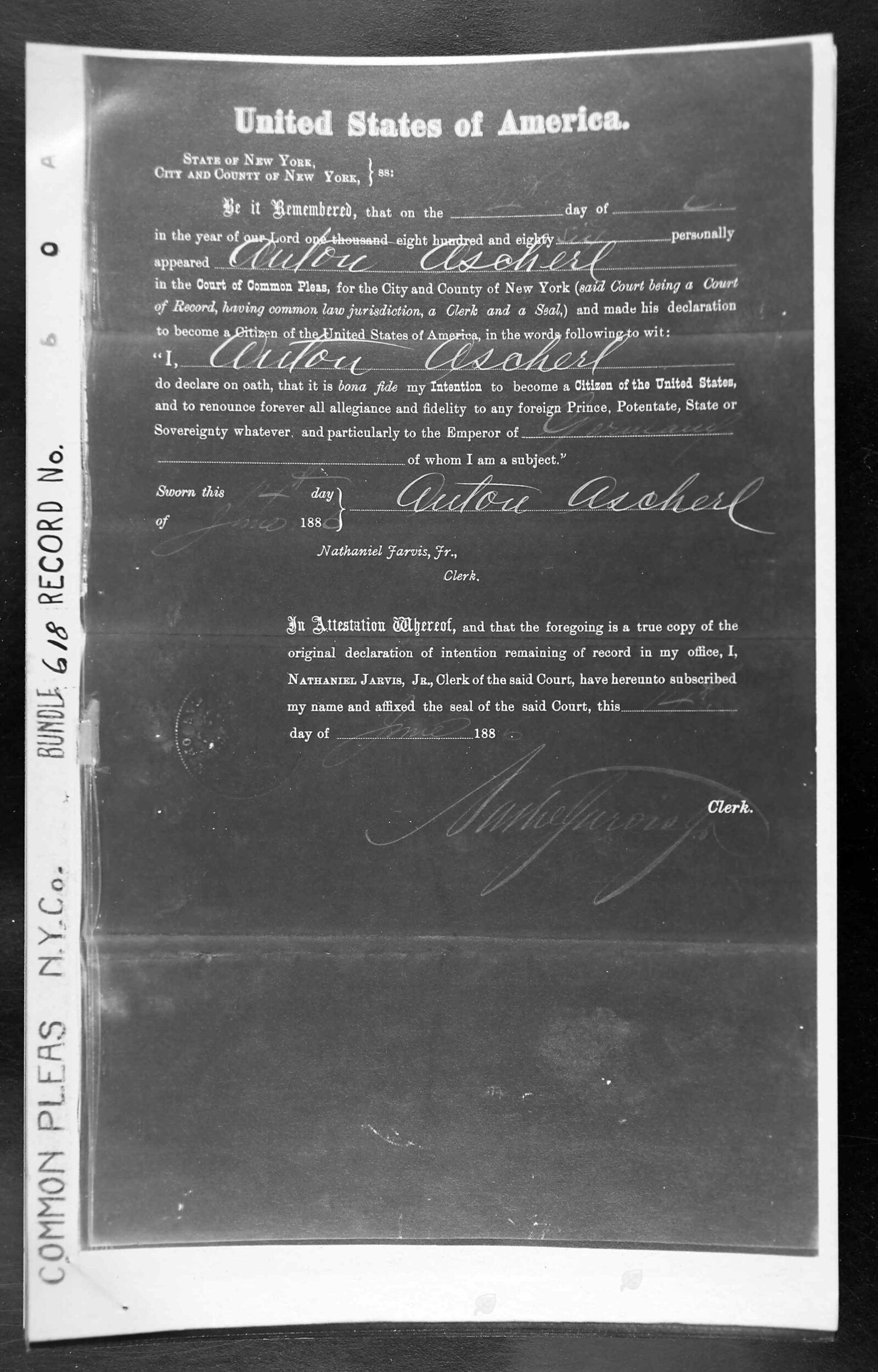 Declaration of Intention — Anton Ascherl, Court of Common Pleas, New York City, 1886
