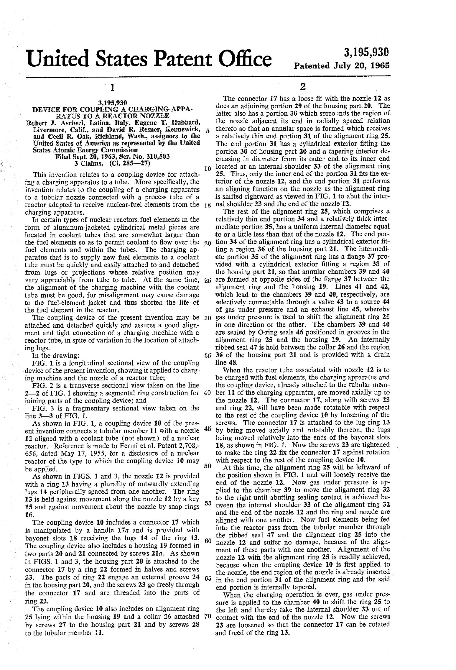 Us Patent 3,195,930 — Patent Office Title Page