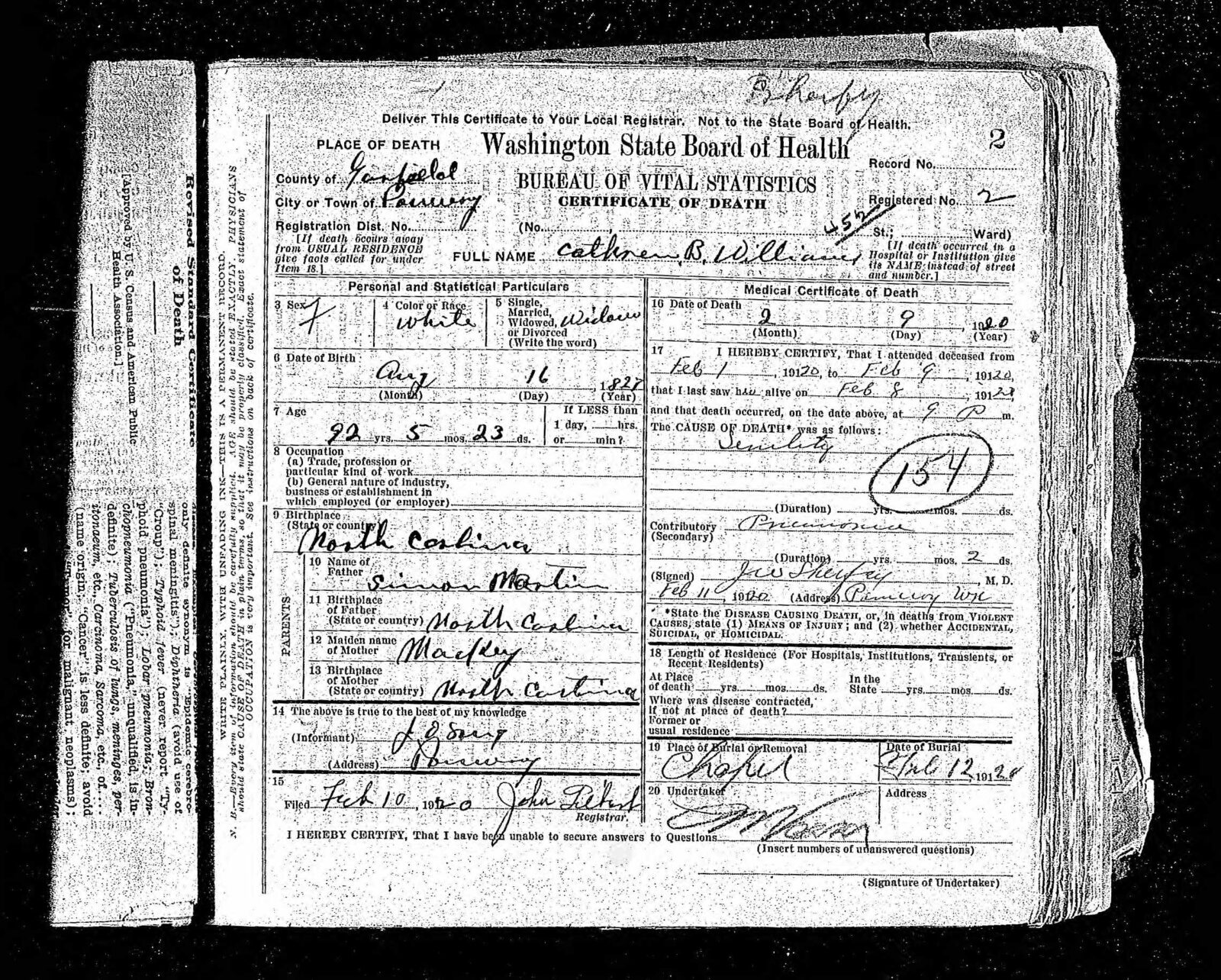 Washington State Certificate of Death — Catherine B. Williams, 1920