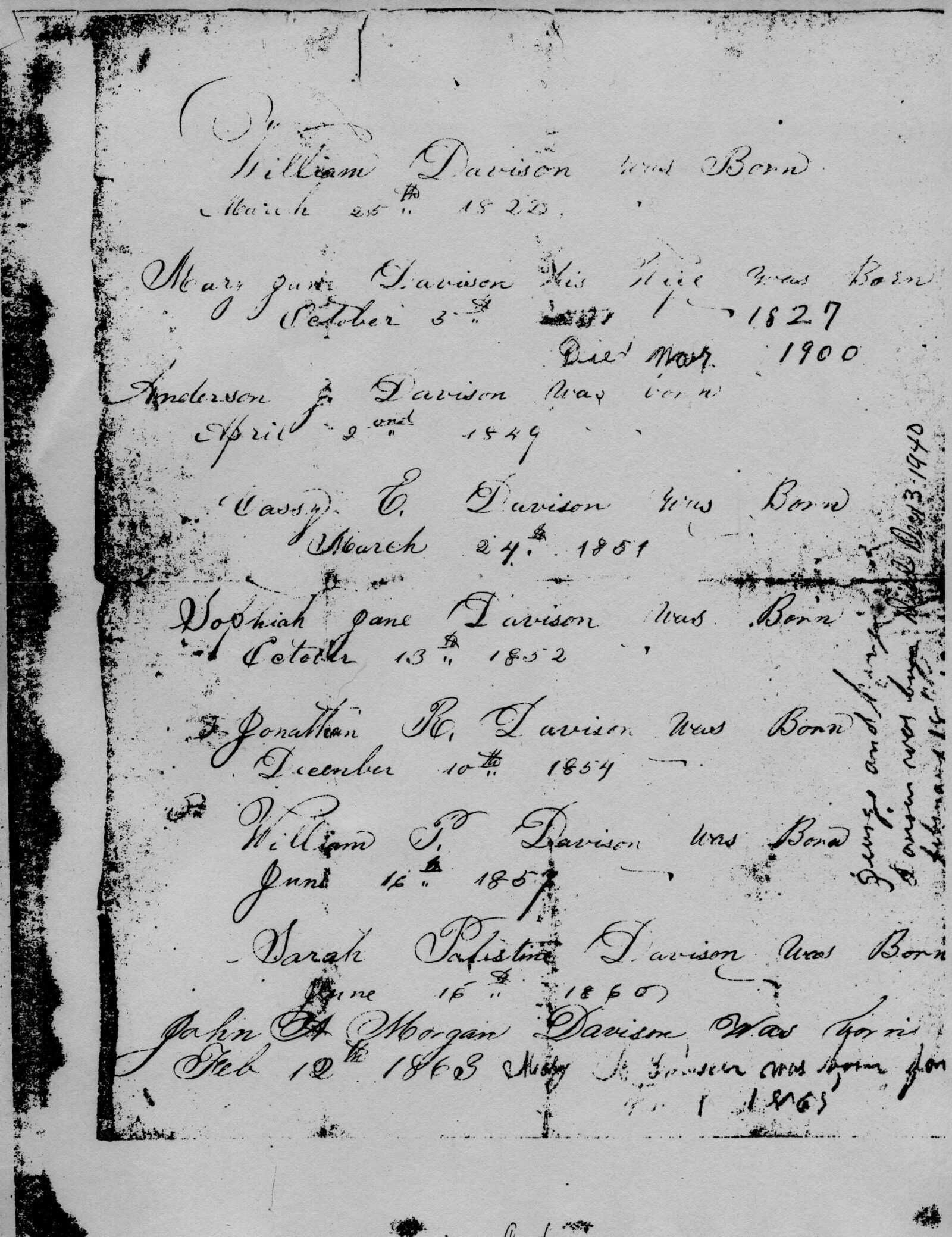 Davison Family Bible — Birth Register (William Davison family, 1823–1865)
