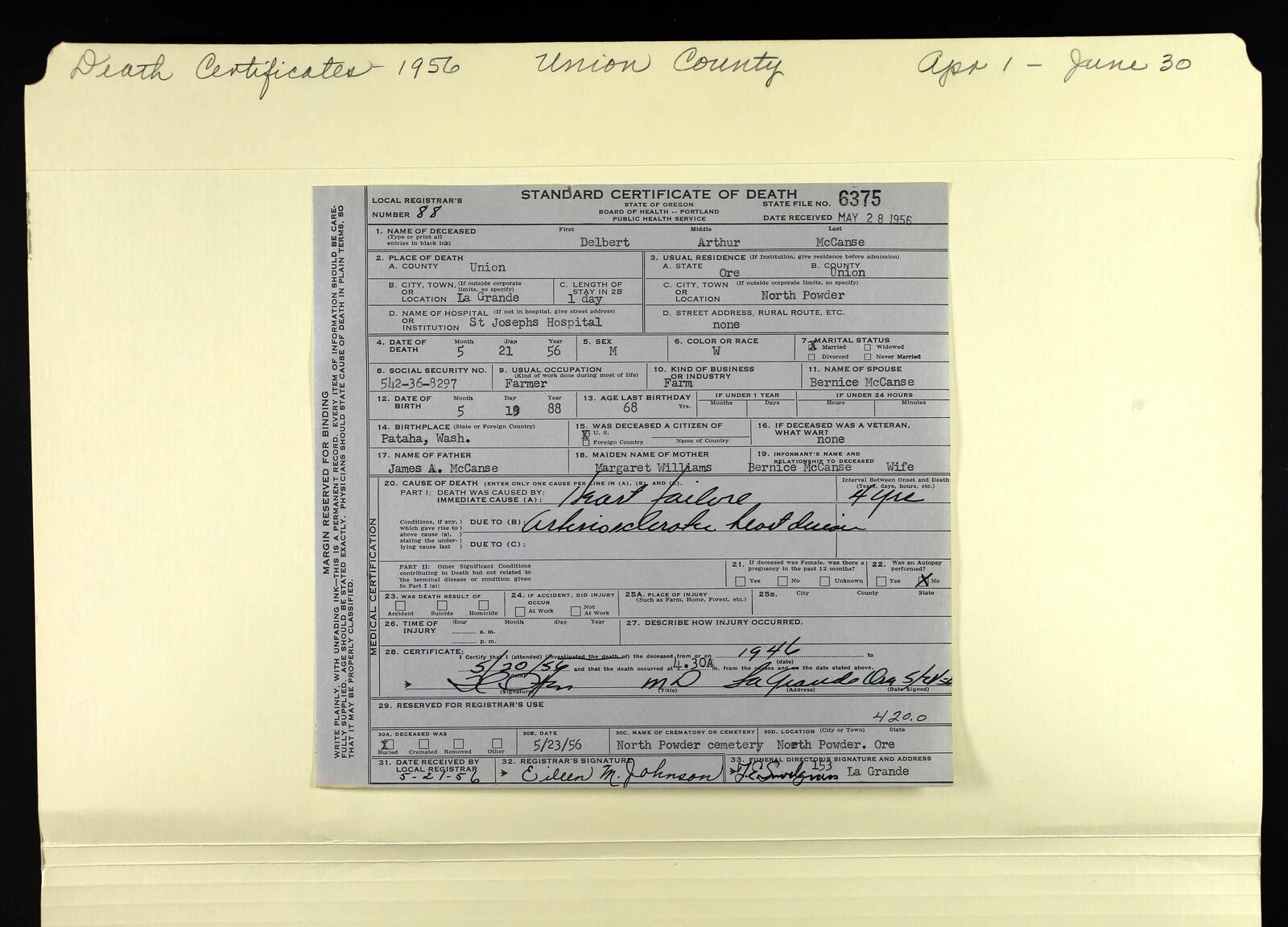Oregon Standard Certificate of Death — Delbert Arthur McCanse, 1956