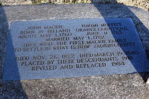 John Mackie and Naomi Moffitt — memorial plaque, Yadkin County Nc