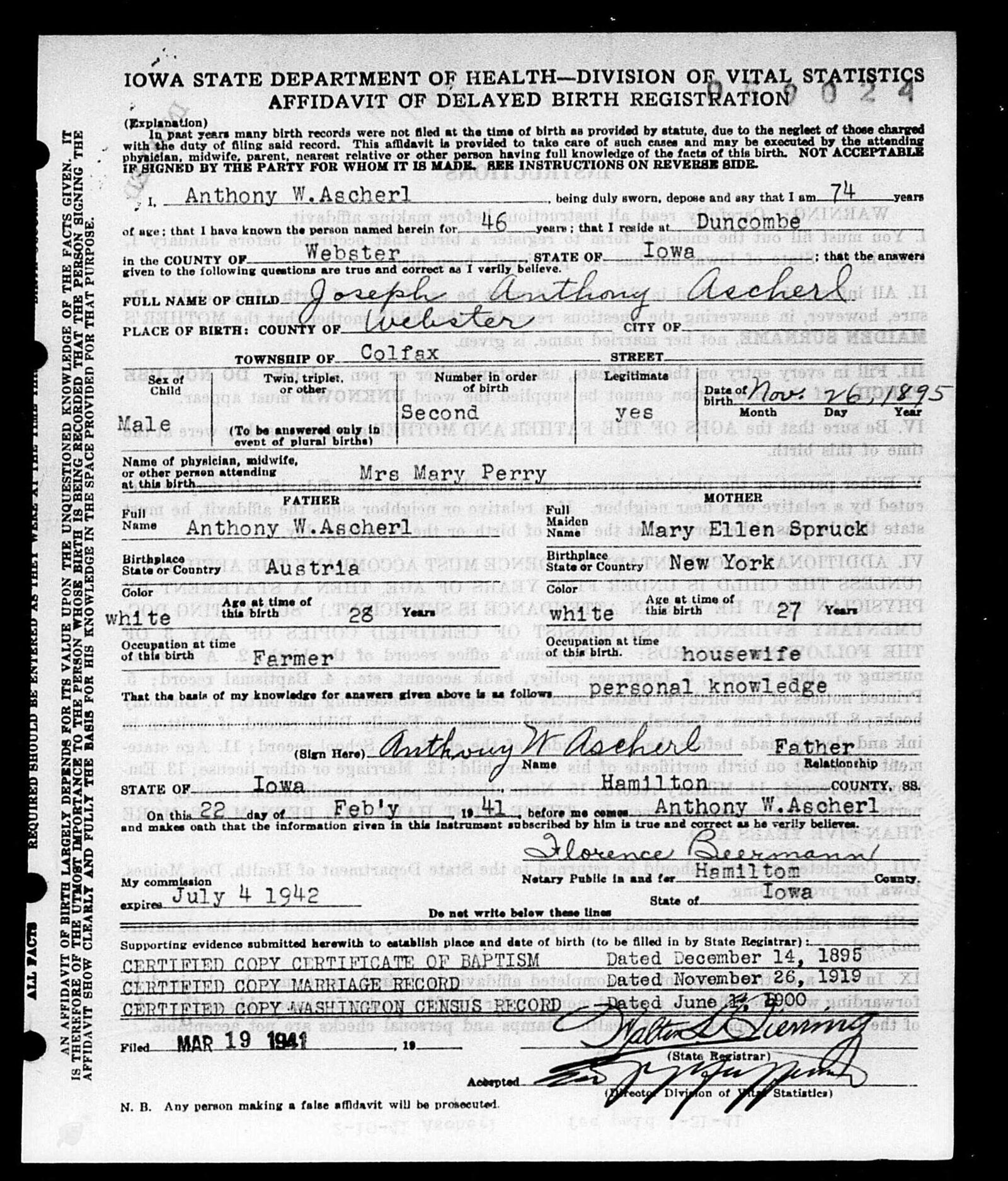 Iowa Affidavit of Delayed Birth Registration — Joseph Anthony Ascherl, 1941