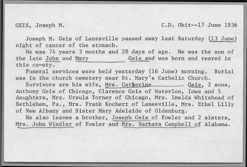 Obituary — Joseph M. Geis (Joseph John Geis), Lanesville In, 1936