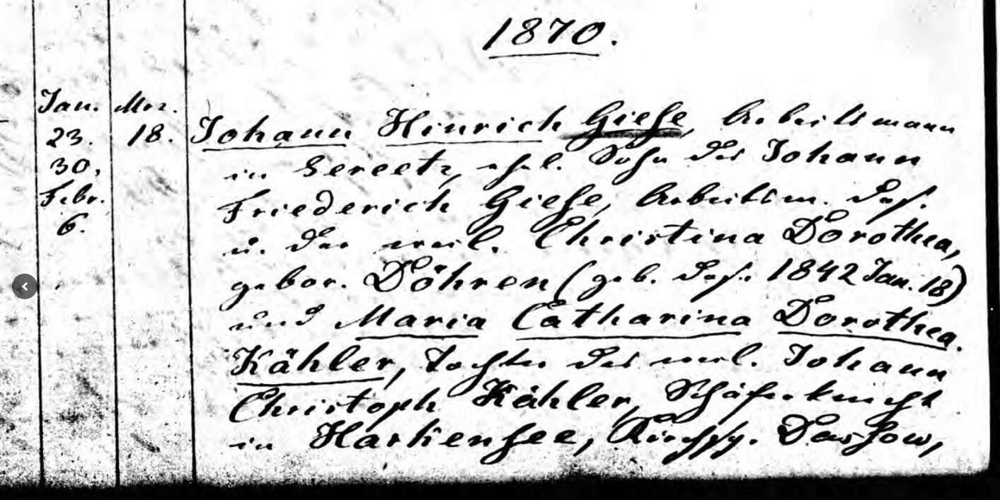 German Church Record — Maria Dorothea Catharina Kähler / Giese Family, 1870
