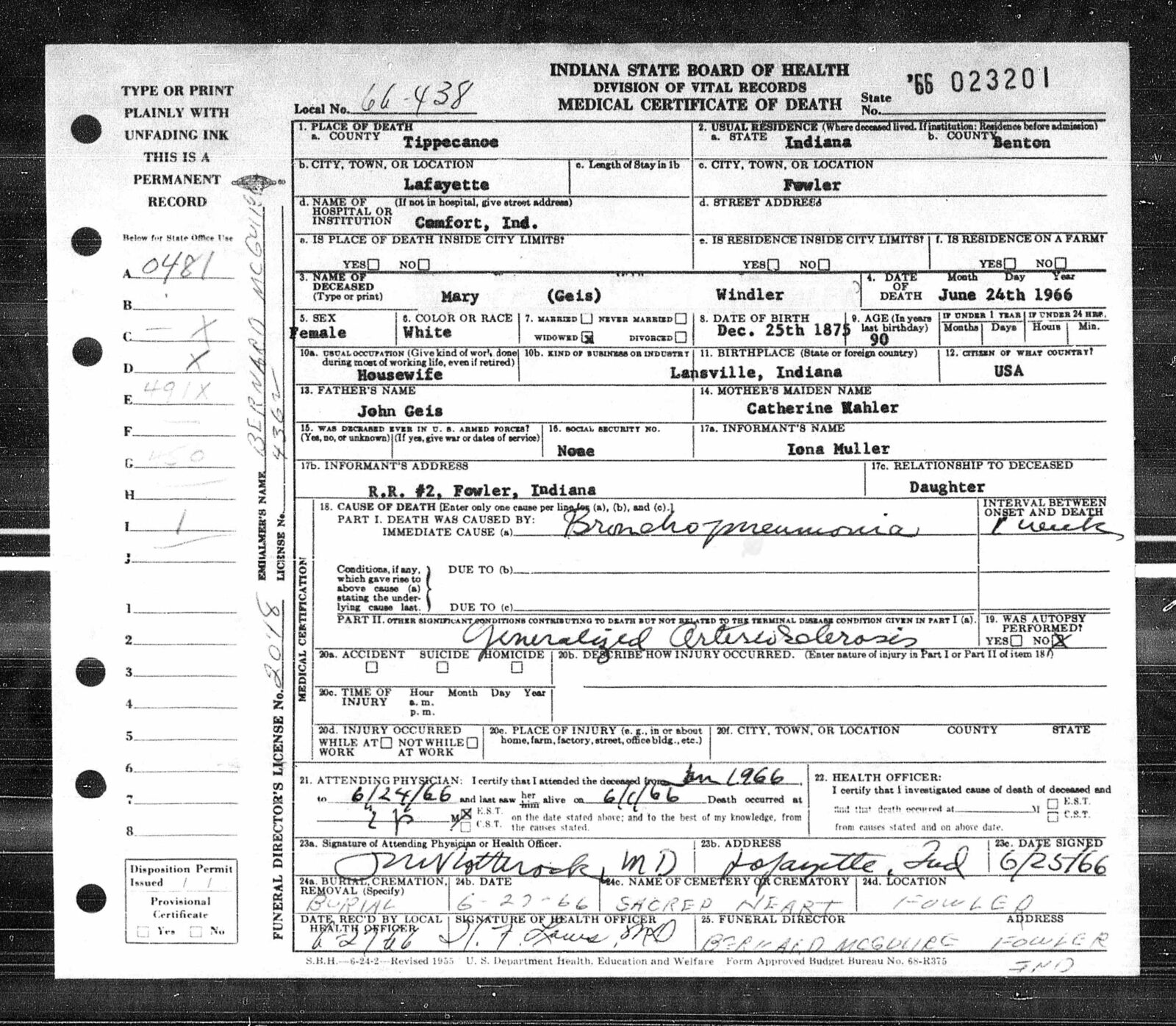 Indiana Certificate of Death — Mary (Geis) Windler, 1966