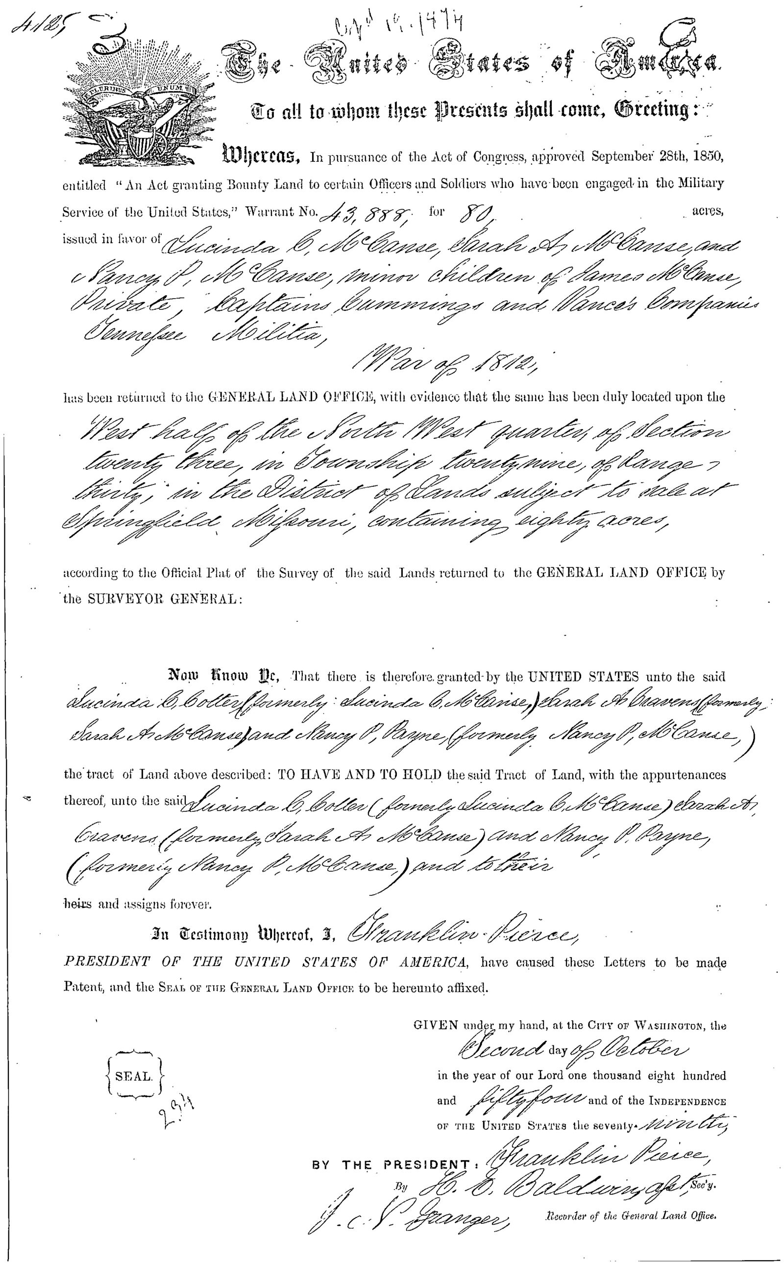 Bounty Land Patent — Heirs of James McCanse, War of 1812