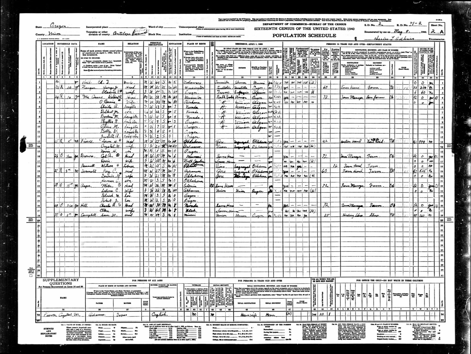 1940 Us Census — McCanse Household, Union County, Oregon