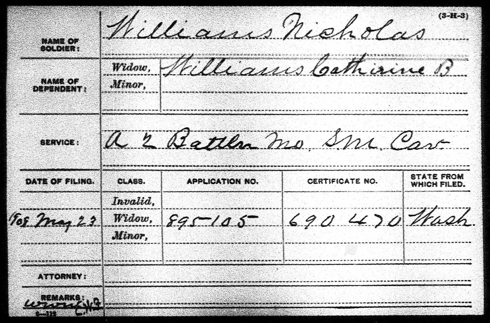 Civil War Pension Index Card — Nicholas Williams and widow Catherine B. Williams