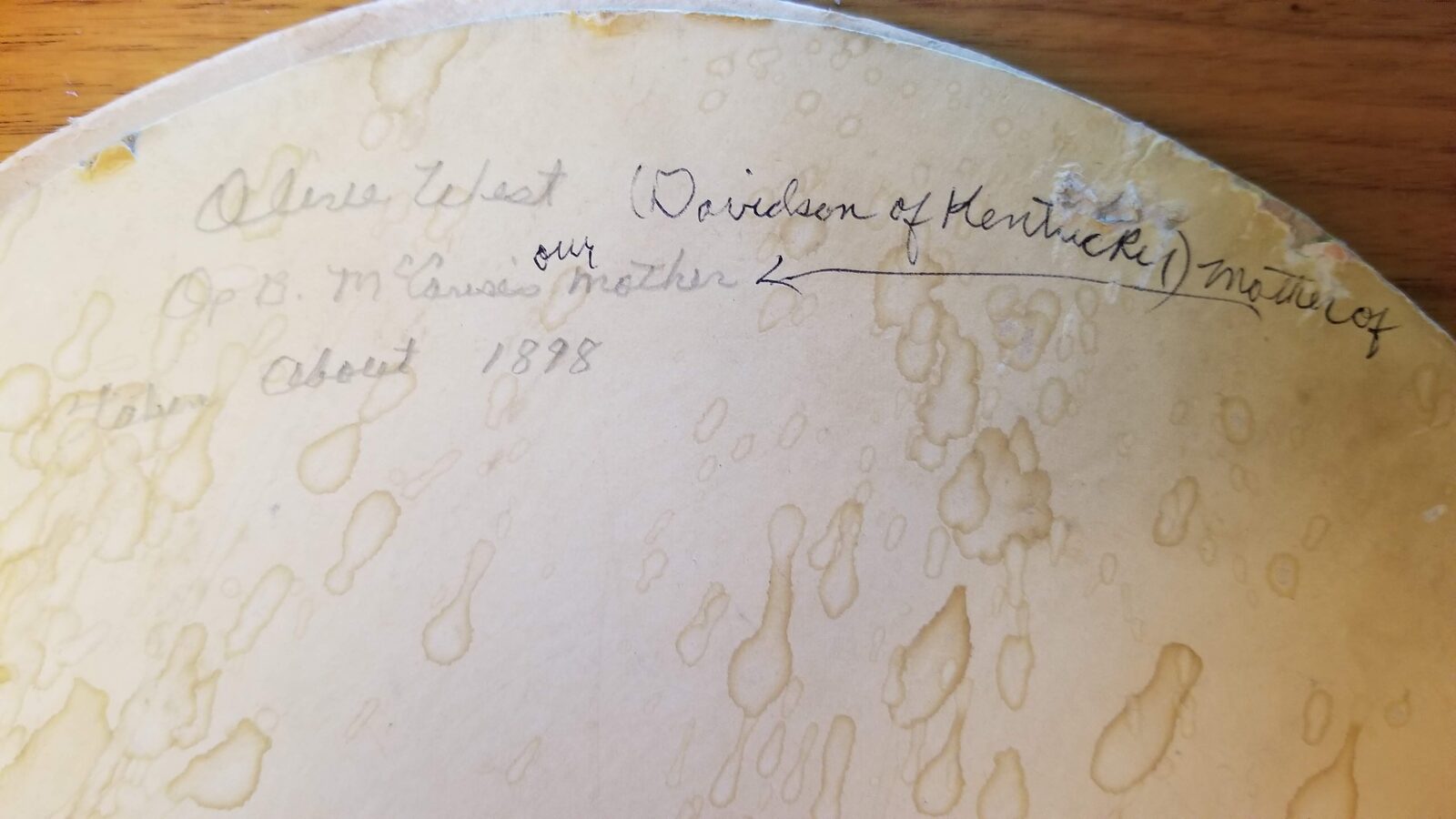 Back of Portrait of Olive Davidson West — handwritten inscription, ca. 1898