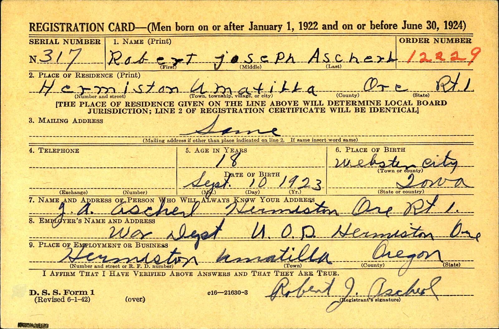 Wwii Draft Registration Card — Robert Joseph Ascherl, 1942