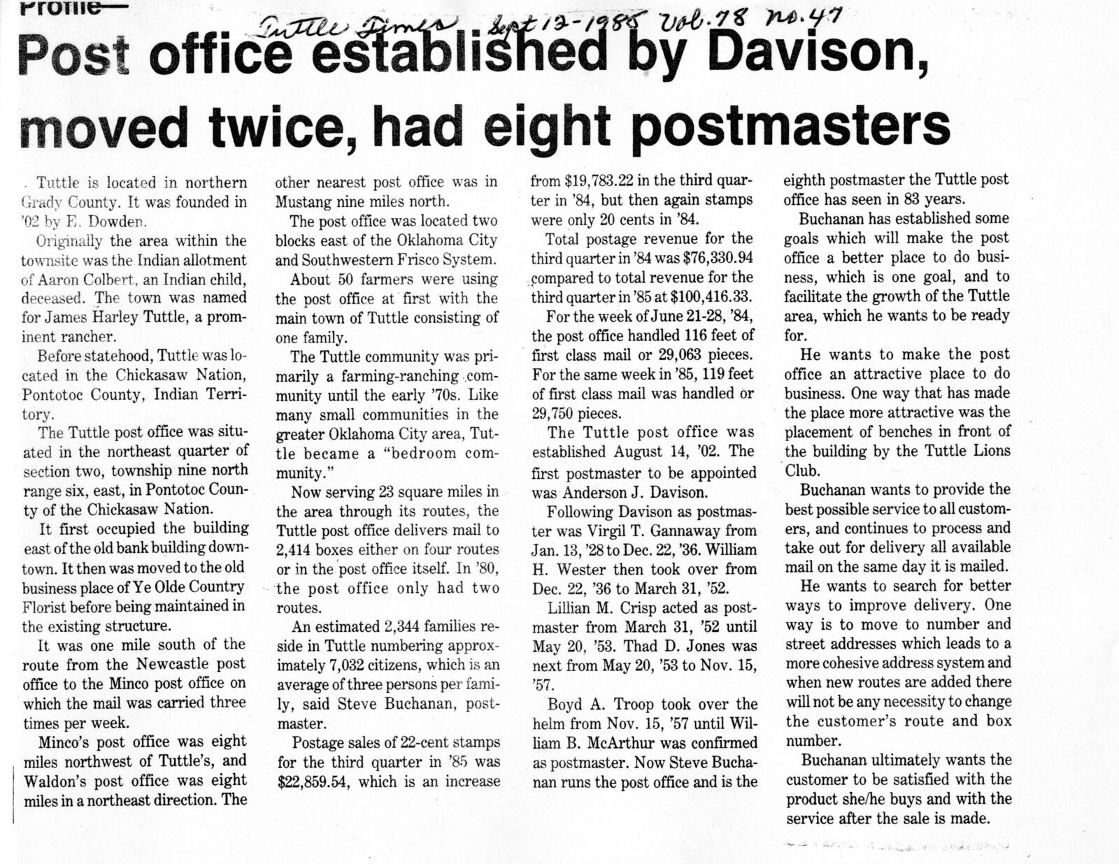"Post office established by Davison" — Tuttle Times, 12 September 1985